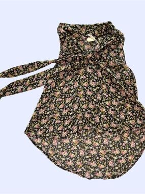Misope Black Floral Tie-Neck Top with Pink & Yellow Blooms